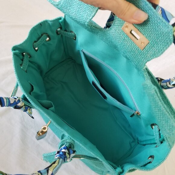 NWOT! Woven Jute Tote Handbag Purse with Scarf Handle and Lockable Front Straps - Picture 8 of 14